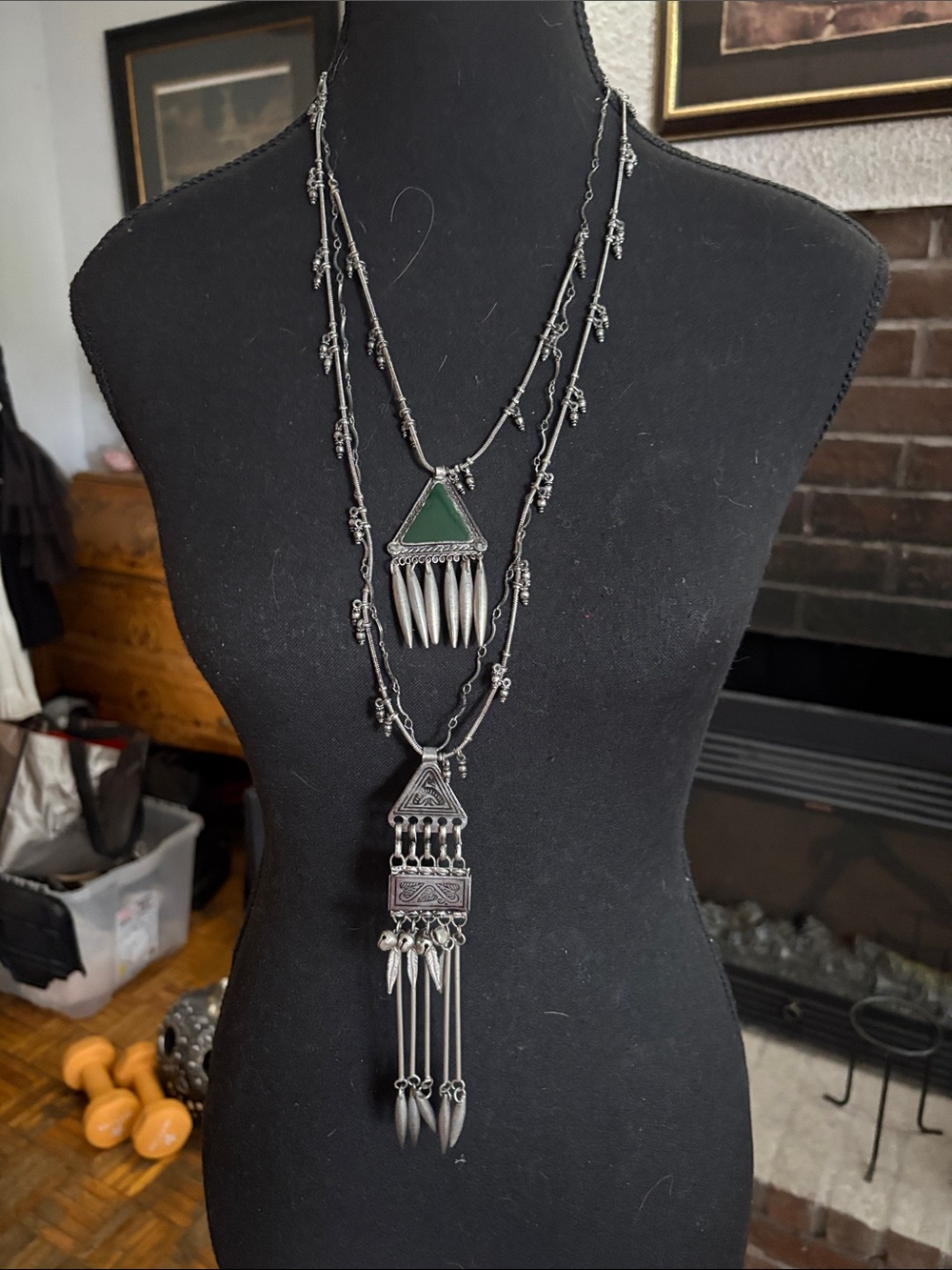 Zara Silver-Tone Layered Necklace with Green Triangle Accents